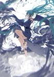  1girl absurdly_long_hair absurdres ajahweea anklet barefoot belt blue_dress blue_hair closed_eyes dress floating_hair from_side full_body hair_between_eyes hair_ornament hatsune_miku highres jewelry long_hair smile solo twintails very_long_hair vocaloid 