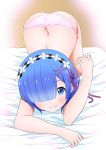  1girl ass bed_sheet blue_eyes blue_hair blush hair_over_one_eye hair_ribbon head_wreath indoors looking_at_viewer panties pink_panties pink_ribbon re:zero_kara_hajimeru_isekai_seikatsu rem_(re:zero) ribbon shiny shiny_skin short_hair_with_long_locks smile solo top-down_bottom-up topless underwear wooden_floor 