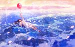  1girl absurdres balloon bare_arms bare_legs barefoot black_hair closed_mouth commentary_request day dress gemi highres holding_balloon in_water long_hair looking_away lying ocean on_back outdoors partially_submerged shore short_sleeves solo waves white_dress 