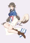  1girl :o absurdres animal_ears aruruw black_hair dog_ears full_body hair_tubes highres icarus_(artist) japanese_clothes long_hair looking_at_viewer low-tied_long_hair lying on_side sash solo tail utawareru_mono very_long_hair yellow_eyes 