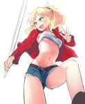  belt blonde_hair breasts denim denim_shorts fangs fate/apocrypha fate_(series) from_below green_eyes jacket medium_breasts midriff mozu_(peth) ponytail red_jacket saber_of_red short_shorts shorts 