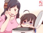 2girls :3 ahoge alternate_costume black_hair blush breasts commentary_request dated headgear holding kanon_(kurogane_knights) kantai_collection large_breasts long_hair multiple_girls rice_cooker shigure_(kantai_collection) signature sweatdrop yamashiro_(kantai_collection) younger 