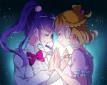 2girls asahina_mirai blonde_hair blush bow bowtie closed_eyes duplicate izayoi_liko jewelry mahou_girls_precure! multiple_girls negom open_mouth pendant pink_bow pink_bowtie ponytail precure purple_hair short_hair smile spoilers tears