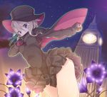  1girl ange_(princess_principal) black_gloves blue_eyes bow bowtie braid cape cavorite_ball elizabeth_tower flower gloves grey_hair hat konnyaku_(kk-monmon) long_sleeves looking_at_viewer night night_sky outdoors princess_principal short_hair skirt sky solo top_hat 