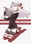  ;d amatsukaze_(kantai_collection) brown_eyes choker dress english from_side full_body garter_straps gloves grey_background grey_hair hair_tubes hairband hat heart high_heels jumping kantai_collection legs_folded legs_up long_sleeves looking_at_viewer mini_hat object_hug ojipon one_eye_closed open_mouth red_legwear rensouhou-kun sailor_dress short_dress simple_background single_glove smile thigh-highs two_side_up white_gloves zettai_ryouiki 