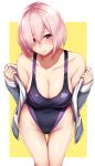  1girl absurdres bangs blush breasts cleavage collarbone competition_swimsuit cowboy_shot fate_(series) gluteal_fold hair_between_eyes hair_over_one_eye highleg highleg_swimsuit highres large_breasts leaning_forward one-piece_swimsuit oogatazin pink_hair shielder_(fate/grand_order) short_hair solo standing swimsuit thigh_gap two-tone_background violet_eyes yellow_background 
