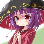  1girl blush bowl bowl_hat hat lowres purple_hair ryogo short_hair solo sukuna_shinmyoumaru touhou 