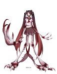  1girl bangs black_eyes black_hair black_sclera black_skirt brown_hair calne_ca claws copyright_name full_body gradient_hair hair_between_eyes hatsune_miku highres isopod long_hair looking_at_viewer multicolored_hair red_eyes saikin_osen_-_bacterial_contamination_-_(vocaloid) school_uniform serafuku short_sleeves simple_background skeleton skirt solo song_name spencer_sais twintails very_long_hair vocaloid white_background 