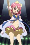  1girl :d arm_up armpits blue_ribbon bow brown_eyes choker frilled_skirt frills hair_bow haruyama_kazunori hime_chen!_otogi_chikku_idol_lilpri looking_at_viewer microphone midriff navel open_mouth panties pantyshot pantyshot_(standing) pink_hair pink_panties ribbon short_hair skirt smile solo standing underwear yellow_bow yukimori_ringo 