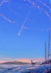  animal background bare_tree blue_sky clouds commentary commentary_request day deer grass highres mountain niko_p no_humans outdoors scenery shooting_star signature sky snow tree 