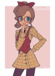  1girl blue_eyes bow bright_pupils brown_hair character_name glasses hair_bow hand_on_hip katrielle_layton layton&#039;s_mystery_journey ponytail professor_layton solo tweed waistcoat 