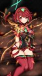  1girl absurdres arm_at_side armor bangs black_gloves breasts covered_navel eyebrows_visible_through_hair feet_out_of_frame fingerless_gloves fingernails fire flame gloves glowing glowing_eyes gyakushuu_no_hoshiumi hair_between_eyes highres pyra_(xenoblade) large_breasts looking_at_viewer nail_polish parted_lips pyrokinesis red_eyes red_legwear red_nails red_shorts redhead short_hair short_shorts shorts shoulder_armor shoulder_pads sitting smile solo swept_bangs tareme thigh-highs tree_stump wrist_guards xenoblade_2 