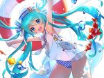  1girl :d anchor_symbol aqua_hair armpits blue_eyes chiericyan eyebrows_visible_through_hair fish hat hatsune_miku long_hair looking_at_viewer open_mouth outstretched_arms ribbon sailor_collar smile solo standing striped striped_ribbon striped_swimsuit swimsuit swimsuit_under_clothes twintails vocaloid white_background 