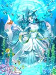  1girl bare_shoulders blue_eyes blue_hair blue_skin breasts circlet cleavage dragon_girl dragon_quest dragon_quest_x dress earrings elbow_gloves fina_(dq10) fish gloves horns hyuu_(sing-dog) jewelry long_hair necklace pointy_ears solo strapless strapless_dress underwater white_dress white_gloves 