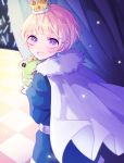  1boy :d biskekun cape checkered checkered_floor crown curtains earrings idolmaster idolmaster_side-m inside jewelry looking_at_viewer male_focus open_mouth pierre_(idolmaster) pink_hair smile standing stuffed_animal stuffed_frog stuffed_toy violet_eyes white_cape 