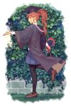  1girl :d absurdres black_legwear blue_skirt bouquet brick_wall brown_eyes brown_hair brown_shoes flower hat highres hood hood_down long_hair mary_janes mortarboard open_mouth original ponytail shoes skirt smile standing standing_on_one_leg walking zhang_tie_tong 