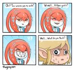  1boy 1girl blush english fins fish_girl hair_ornament jewelry link long_hair mipha monster_girl multicolored multicolored_skin no_eyebrows red_skin redhead smile the_legend_of_zelda the_legend_of_zelda:_breath_of_the_wild yellow_eyes zora 