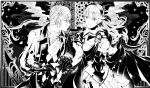  1boy 1girl amatari_sukuzakki armor cape european_clothes female_my_unit_(fire_emblem_if) fingerless_gloves fire_emblem fire_emblem_if gloves greyscale hetero joker_(fire_emblem_if) looking_at_another monochrome my_unit_(fire_emblem_if) ponytail smile 