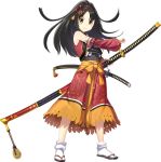  1girl artist_request black_hair detached_sleeves full_body hair_ornament hairband high_ponytail holding holding_sword holding_weapon katana long_hair official_art oshiro_project oshiro_project_re sheath sheathed smile sword transparent_background weapon yagyuu_(oshiro_project) yellow_eyes 