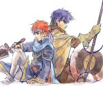  2boys anocurry armor axe blue_eyes blue_hair cape cosplay durandal_(fire_emblem) eliwood_(fire_emblem) fingerless_gloves fire_emblem fire_emblem:_rekka_no_ken fire_emblem:_souen_no_kiseki fire_emblem_heroes gloves greil greil_(cosplay) headband ike male_focus multiple_boys redhead short_hair simple_background sword weapon 