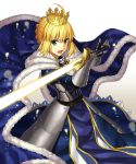  &gt;:o 1girl :o ahoge armor artoria_pendragon_(all) bangs blonde_hair blue_dress cape crown dress energy_sword excalibur eyebrows_visible_through_hair fate_(series) gauntlets green_eyes holding holding_sword holding_weapon light_particles long_dress looking_at_viewer npcpepper open_mouth saber short_hair solo standing sword tabard tied_hair weapon white_background 