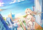  1girl absurdres balcony bangs bikini black_ribbon blonde_hair blurry breasts city collarbone daitai_sotogawa_(futomomo) depth_of_field dutch_angle eyebrows_visible_through_hair floating_hair frilled_bikini frills green_bikini green_eyes hair_ribbon highres horizon kantai_collection long_hair looking_at_viewer lowleg lowleg_bikini medium_breasts navel ocean ribbon shadow solo standing swimsuit tareme very_long_hair yuudachi_(kantai_collection) 