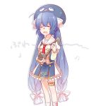  1girl blue_hair closed_eyes dress eel_hat fang hat long_hair low_twintails mi_no_take neckerchief open_mouth otamatone otomachi_una sailor_collar short_sleeves solo twintails very_long_hair vocaloid 