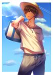  1boy bag bangs blue_sky bracelet brown_eyes brown_hair clouds cloudy_sky day duffel_bag eyebrows_visible_through_hair fate/extra fate/extra_ccc fate_(series) grey_pants hair_between_eyes hand_in_pocket hat holding holding_bag jewelry kishinami_hakuno_(male) male_focus open_mouth pants pendant shade shirt short_hair short_sleeves sky sorao_(ichhimo) standing straw_hat sun_hat sunlight t-shirt 