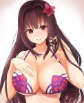  1girl bangs bikini blush breasts brown_hair closed_mouth eyebrows_visible_through_hair fate/grand_order fate_(series) flower hair_flower hair_intakes hair_ornament hand_on_own_chest hands_up large_breasts long_hair looking_at_viewer neneru purple_bikini scathach_(fate/grand_order) sidelocks smile solo swimsuit upper_body violet_eyes 