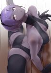  1girl arched_back arm_support ass assassin_(fate/prototype_fragments) bad_anatomy black_eyes dark_skin fate/grand_order fate/prototype fate/prototype:_fragments_of_blue_and_silver fate_(series) gloves hairband leotard looking_at_viewer looking_up parted_lips purple_hair shizuoxing_kof short_hair solo spread_legs stretch thigh-highs 