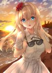  1girl :d alternate_costume blonde_hair blue_eyes buttons dress eyebrows_visible_through_hair hair_between_eyes hairband highres kantai_collection long_hair ocean open_mouth shibi short_sleeves smile solo sunglasses sunglasses_removed warspite_(kantai_collection) white_dress white_hairband 