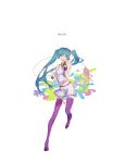  1girl ;d aqua_eyes aqua_hair bangs camisole copyright_name full_body hands_up hatsune_miku highres holding holding_phone leg_up long_hair looking_at_viewer navel one_eye_closed open_mouth phone pleated_skirt polka_dot polka_dot_legwear re:dial_(vocaloid) sidelocks simple_background skirt smile solo song_name spencer_sais standing standing_on_one_leg teeth thighs twintails vocaloid white_background white_skirt wrist_cuffs 