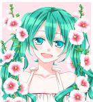  1girl :d blue_eyes collarbone eyebrows_visible_through_hair green_hair hair_between_eyes hatsune_miku head_tilt long_hair looking_at_viewer open_mouth smile solo sorano_namida twintails upper_body very_long_hair vocaloid white_flower 