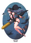  1girl artist_signature black_hair black_swimsuit blue_eyes character_name headphones highres holding holding_weapon jewelry long_hair one-piece_swimsuit pacific see-through sima_naoteng skindentation swimsuit thigh_strap underwater uss_batfish_(ss-310) weapon 