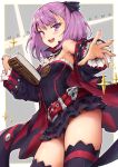  1girl bangs black_dress black_legwear black_ribbon book detached_sleeves dress eyebrows_visible_through_hair fate/grand_order fate_(series) hair_ribbon haoni helena_blavatsky_(fate/grand_order) holding holding_book looking_at_viewer open_mouth purple_hair ribbon short_dress smile solo star strapless strapless_dress thigh-highs violet_eyes 