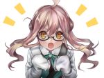  &gt;:o 1girl :o ahoge black-framed_eyewear blonde_hair blue_bow bow collared_shirt double_bun dress glasses gradient_hair kantai_collection long_hair long_sleeves looking_at_viewer makigumo_(kantai_collection) multicolored_hair open_mouth pink_hair shirt simple_background sleeveless sleeveless_dress sleeves_past_wrists solo sorao_(ichhimo) twintails upper_body white_background white_shirt yellow_eyes 