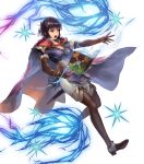  1girl black_hair book boots breasts brown_eyes cape cleavage cuboon electricity fire_emblem fire_emblem:_thracia_776 fire_emblem_heroes full_body gloves highres official_art olwen_(fire_emblem) open_mouth solo star sword teeth transparent_background weapon 
