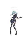  1girl bangs bass_guitar black_boots black_legwear black_shirt black_skirt blue_hair boots clock_lock_works_(vocaloid) closed_mouth collared_shirt copyright_name electric_guitar full_body green_eyes guitar hatsune_miku high_heel_boots high_heels highres holding holding_instrument instrument long_hair long_legs miniskirt music playing_instrument pleated_skirt shirt simple_background skirt sleeves_rolled_up solo song_name spencer_sais standing thigh-highs tsurime twintails vocaloid white_background 
