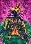  2girls 90s airazor artist_name beast_wars black_eyes blackarachnia blush breasts cleavage couch floral_background floral_print green_eyes highres insect_girl insignia large_breasts lips looking_at_viewer machine machinery maximal mecha multiple_girls no_humans oldschool on_couch one_eye_closed open_mouth personification predacon robot sidelocks sitting smile sparkle spider_girl standing tack_(dnet) transformers wings 