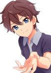  1boy blue_eyes blue_shirt brown_hair close-up closed_mouth dutch_angle eyebrows_visible_through_hair hair_between_eyes highres looking_at_viewer male_focus open_hand outstretched_hand sekina shirt simple_background smile solo white_background 