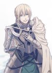  1boy androgynous arm_behind_back armor bedivere blonde_hair blue_eyes bowing braid cape crown_braid eyebrows_visible_through_hair fate/grand_order fate/stay_night fate_(series) half-closed_eyes long_hair male_focus oui_lion signature simple_background smile solo white_cape 