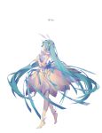  1girl aqua_hair bangs closed_eyes closed_mouth copyright_name dress from_side full_body hair_ornament hatsune_miku highres long_hair shoulder_tattoo sidelocks simple_background solo song_name spencer_sais spica_(vocaloid) standing tattoo thigh-highs twintails very_long_hair vocaloid white_background yellow_dress yellow_legwear 