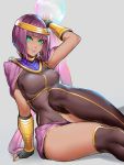  1girl black_legwear breasts circlet dark_skin fingerless_gloves gloves green_eyes highres kumiko_shiba leg_lift looking_at_viewer menat pink_background simple_background sitting smile solo street_fighter street_fighter_v thick_thighs thigh-highs thighs 