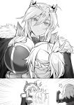 3girls ahoge artoria_pendragon_(all) artoria_pendragon_lancer_(fate/grand_order) between_breasts braid breasts cape cleavage clenched_hand cross crown expressionless fate/grand_order fate_(series) fur_trim glowing greyscale hair_between_eyes headpiece height_difference highres jeanne_alter kengzeta looking_at_another monochrome multiple_girls ponytail ruler_(fate/apocrypha) saber_of_red sparkle sweatdrop 
