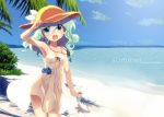  1girl :d aqua_hair bare_shoulders beach blue_eyes blue_sky breasts bush clouds collarbone cowboy_shot day dress earrings flower hair_between_eyes hand_on_headwear hat hat_ribbon holding holding_shoes jewelry komeiji_koishi long_hair looking_at_viewer minamura_haruki open_mouth outdoors pendant ribbon see-through_silhouette shoes shoes_removed sky small_breasts smile solo sun_hat sundress touhou water wavy_hair white_dress 