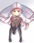  1girl bangs black_gloves black_legwear blunt_bangs boots capelet cloak covered_navel flush from_above gloves hood hood_up hooded_cloak jewelry knees_up long_hair looking_at_viewer looking_up magia_record:_mahou_shoujo_madoka_magica_gaiden magical_girl mahou_shoujo_madoka_magica navel pink_eyes pink_hair shadow sidelocks simple_background sitting smile solo tamaki_iroha thigh-highs thigh_boots yukichi_(eikichi) 