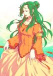  1girl cape dress elincia_ridell_crimea fire_emblem fire_emblem:_souen_no_kiseki green_hair himekawa_donki long_hair open_mouth smile solo 