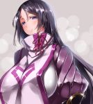  1girl arm_guards bangs black_hair blush bodysuit breasts commentary_request fate/grand_order fate_(series) half-closed_eyes high_collar huge_breasts long_hair midoriiro_no_shinzou minamoto_no_raikou_(fate/grand_order) parted_bangs red_ribbon ribbed_sleeves ribbon shiny shiny_clothes shiny_hair smile solo turtleneck upper_body very_long_hair violet_eyes 