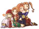 4girls ;d barbara bare_shoulders belt black_dress blonde_hair blue_eyes braid breasts brown_hair brown_shoes collarbone dragon_quest dragon_quest_vi dragon_quest_vii dragon_quest_viii dragon_quest_xi dress earrings gloves green_eyes grin highres jessica_albert jewelry large_breasts layered_dress long_hair looking_at_viewer magic maribel_(dq7) multicolored multicolored_eyes multiple_girls one_eye_closed open_mouth orange_eyes orange_hair ponytail purple_shirt red_dress red_eyes red_skirt sharp_teeth shirt shoes sitting skirt smile teeth twin_braids twintails v veronica_(dq11) violet_eyes white_background white_dress yellow_gloves zatou_(kirsakizato) 