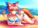  1girl :3 animal_ears bangs bare_shoulders beach bikini blue_bikini blush bracelet breasts burbur cleavage collarbone day fate/grand_order fate_(series) flower fox_ears frilled_bikini frills hair_flower hair_ornament hair_ribbon jewelry large_breasts looking_at_viewer lying ocean on_side orange_eyes outdoors pink_hair ribbon smile solo swimsuit tail tamamo_(fate)_(all) tamamo_no_mae_(swimsuit_lancer)_(fate) twintails yellow_eyes 